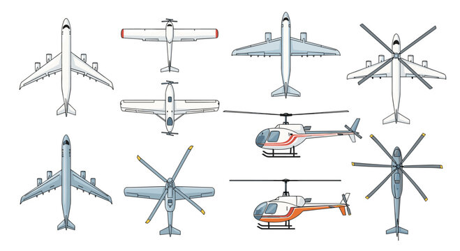 Comprehensive set of various aircraft types including commercial jets, small planes, and helicopters from different views.
