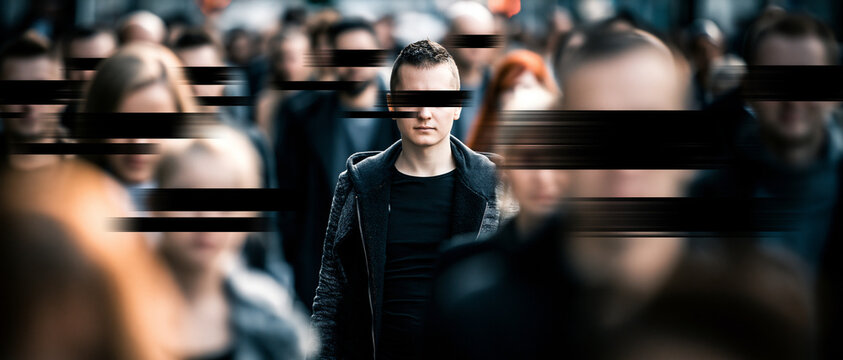 Man walking through a crowd with blurred faces in urban setting  