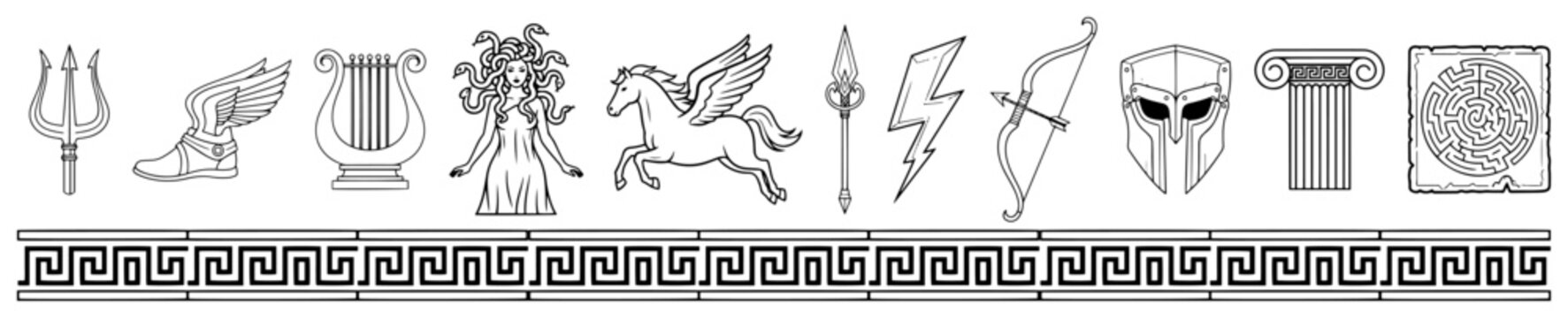 Greek mythology symbols and ancient gods icons featuring medusa pegasus and trident in linear style