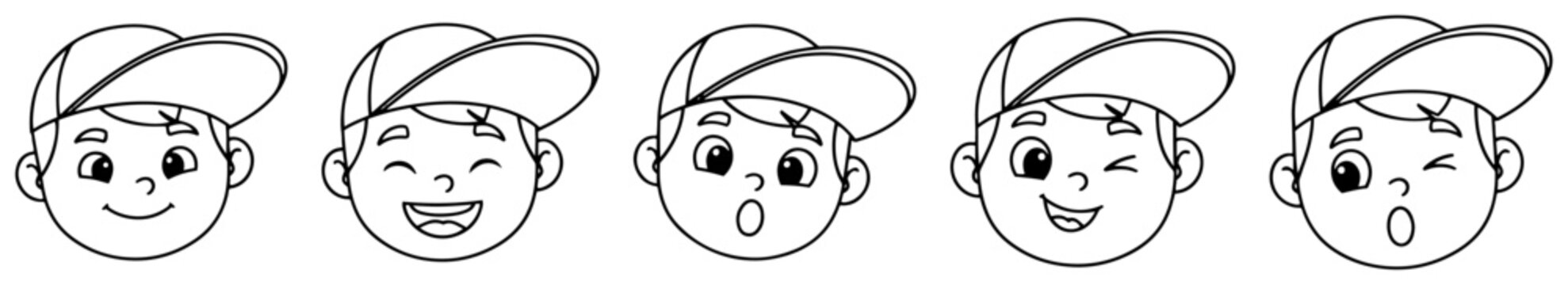 Boy face set showing different facial expressions and wearing baseball cap in cartoon line art style