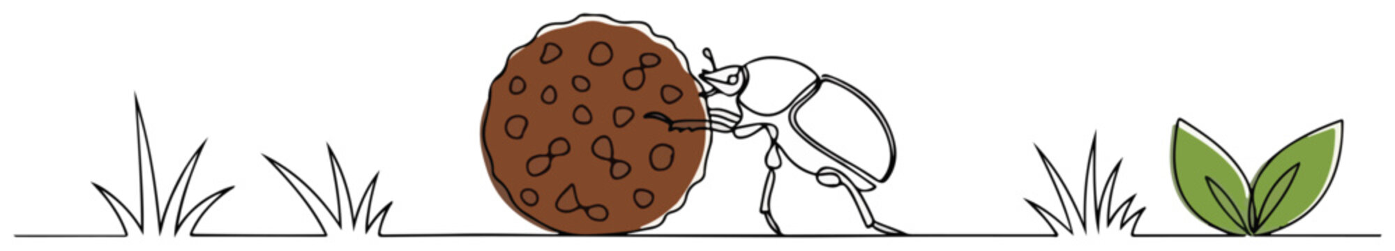 Dung beetle rolling a brown ball in nature with grass and leaves in simple line art style