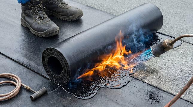 Roofer unrolling and melting bituminous membrane sheet during flat roof waterproofing installation with a gas torch.