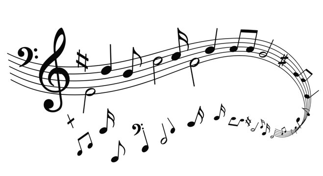 Black musical notes and various symbols flowing along a five-line stave on a plain white isolated background.