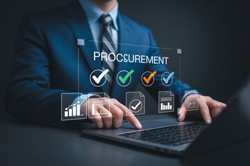 Fototapeta premium Businessman managing procurement process on laptop with checkboxes and data visualization.