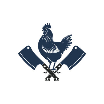 Rooster standing on crossed cleavers logo.