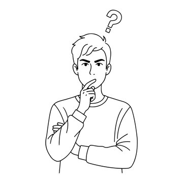 Man thinking and contemplating a question with a question mark in minimal line art style