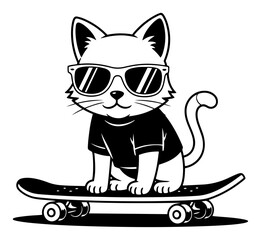 Cat wearing sunglasses riding skateboard in bold line art cartoon style © AnimalZOO