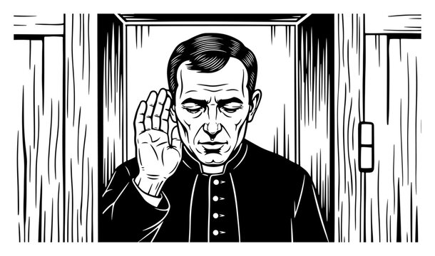 Priest listening in confessional box in detailed engraving woodcut style