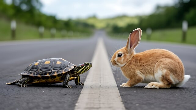 A turtle and a rabbit facing each other on an empty road in the countryside