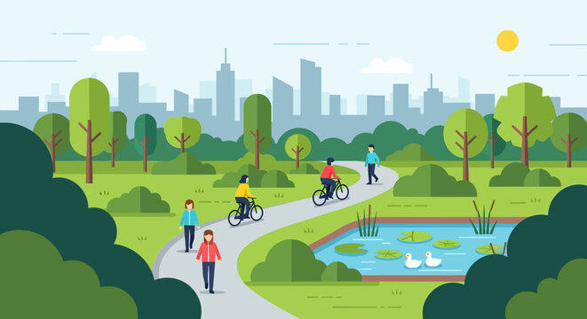 people cycling and walking in a city park.