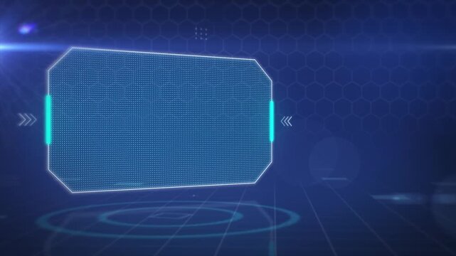 Futuristic digital ads background with glowing hexagon frame, blue tech grid, neon HUD accents and sleek motion design for promotions, corporate visuals and modern advertising UHD