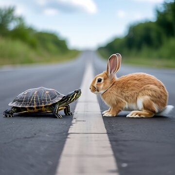 A turtle and a rabbit facing each other on an empty road with trees in the background