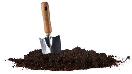 Isolated gardening hand trowel with a wooden handle stuck in a pile of rich dark soil © Saoirse