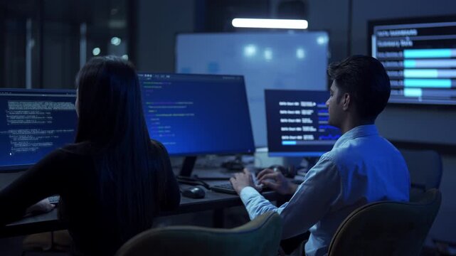 Two diverse programmers Working together on a coding project in a modern office.