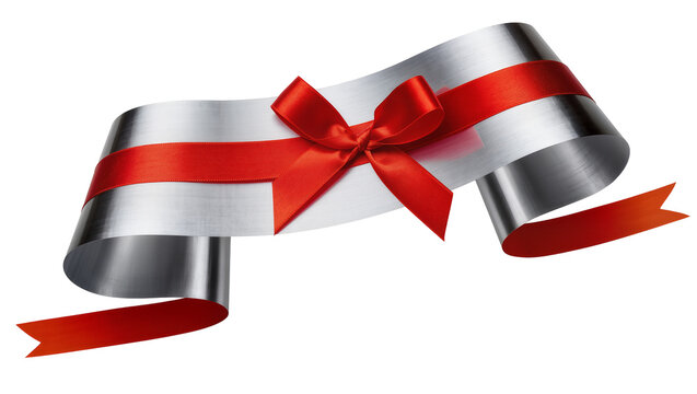 Isolated metallic silver scroll ribbon with a vibrant red satin bow and flowing ends