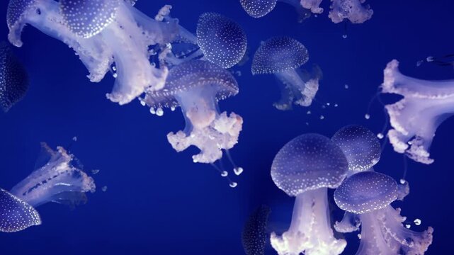 Jellyfish gracefully swim through deep blue water, showcasing their translucent bodies and flowing tentacles in a mesmerizing underwater scene