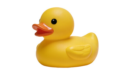 Isolated vibrant yellow rubber duck toy with orange beak, classic children's bath time fun.