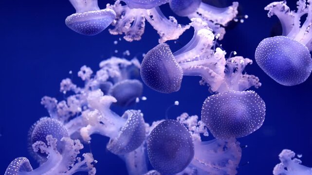 Group of translucent jellyfish gracefully swimming in deep blue water, showcasing their bell-shaped bodies and trailing tentacles in a mesmerizing underwater scene