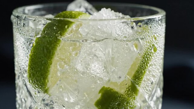 Cinematic macro loop of a classic Brazilian caipirinha, a refreshing traditional cocktail made with fresh lime slices, crushed ice, and dripping condensation droplets.