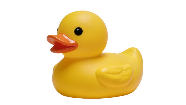 Isolated vibrant yellow rubber duck toy with orange beak, classic children's bath time fun.