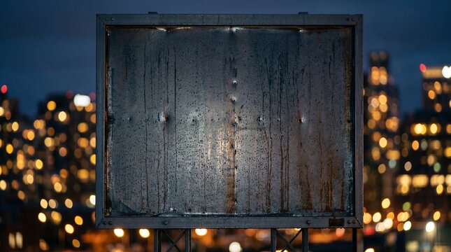 Blank weathered billboard at night with bokeh lights in the background