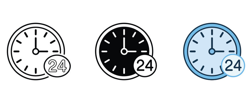 24 Hour Clock Icons In Different Colors And Styles, Modern Time Management Symbols, Digital And Analog Timer Concept, Vector Illustration