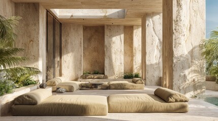 Obraz premium Luxurious outdoor lounge area features natural stone textures and soft modular seating bathed in sunlight