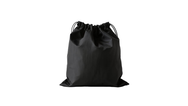 Isolated black fabric drawstring bag, blank and empty, perfect for mockups or branding