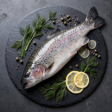 A whole raw rainbow trout on a large round natural slate plate, its skin shiny and garnished with fresh dill sprigs, capers, and thin lemon wedges, on a textured dark gray concrete table.