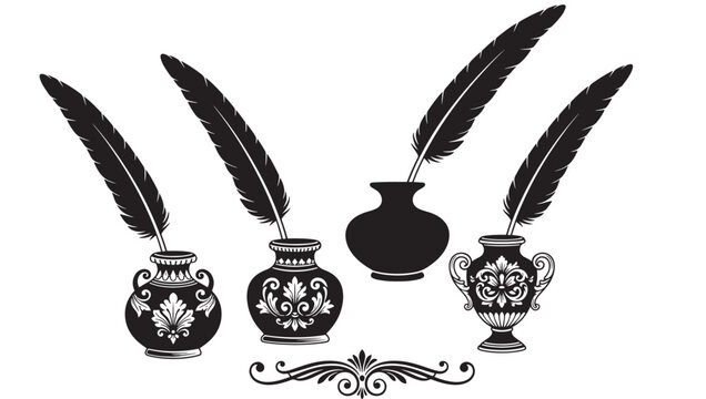 Feather pen set with ornate ink pots and elegant black vintage floral ornament lines for writing and design projects