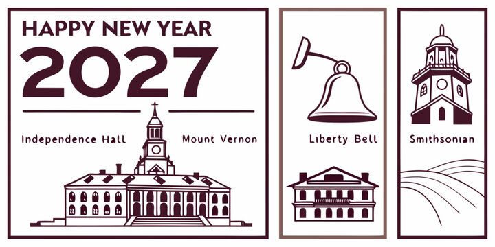 USA, US, U.S, United States - Happy new year 2027 greeting card design featuring line art illustrations of american landmarks including independence hall, liberty bell, and smithsonian building
