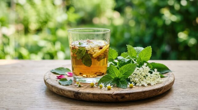 Fresh Herbal Tea with Mint Leaves on Rustic Wooden Board in Garden Setting
