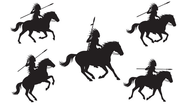 Knight riding a horse silhouette set with spears in dynamic combat poses, black vector style on white background