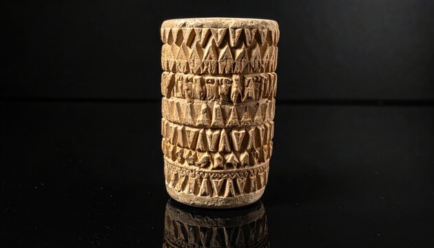 Ancient Assyrian baked clay cylinder with detailed cuneiform inscription and geometric patterns
