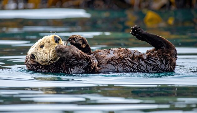 A Sea Otter Floating on Its Back Grooming Its Thick Fur with Nimble Paws in the Water