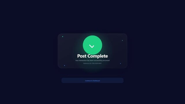 Transaction success confirmation screen with a green checkmark icon and reference id on a dark blue background