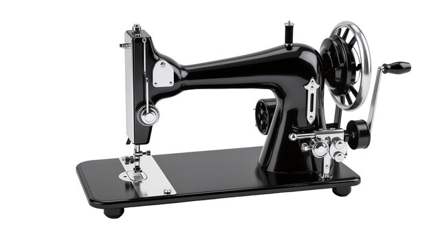 Isolated classic black vintage manual hand-crank sewing machine with shiny chrome details