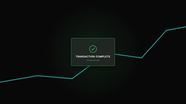 Digital transaction complete notification with a glowing cyan line graph on a dark background