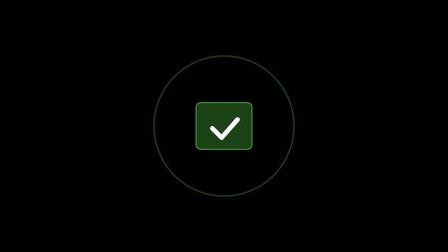 Green check mark icon inside a rounded square and circle on a black background