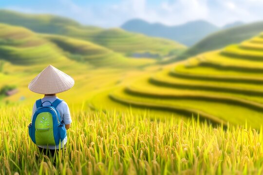 A scene rendered in a digital painting style, featuring a person wearing a conical hat, blue, and a backpack with a luminous green detail