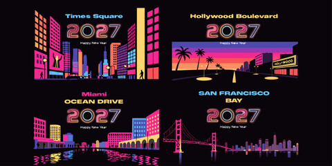 Obraz premium USA, US, U.S, United States - Set of four neon 2027 travel posters featuring times square, hollywood boulevard, miami ocean drive, and san francisco bay cityscapes in a vibrant retro synthwave style 