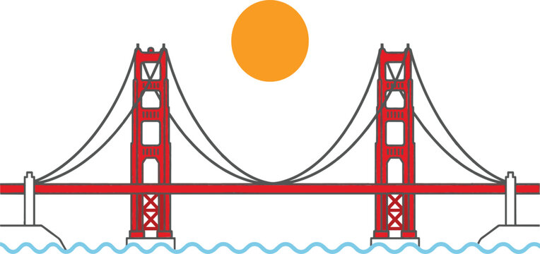 Golden Gate Bridge Vector Illustration with Sunset Background over Water in Minimal Flat Design Style