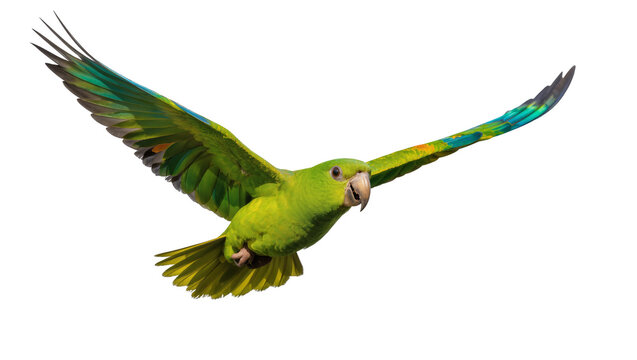 Isolated beautiful green Amazon parrot flying with wide-open wings and colorful plumage