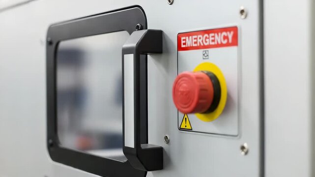 Emergency stop button with warning label on industrial machine  