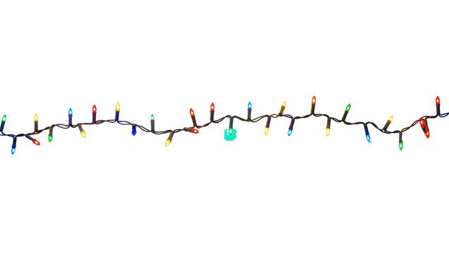 Isolated brightly lit string of multicolored holiday Christmas lights for festive decor.