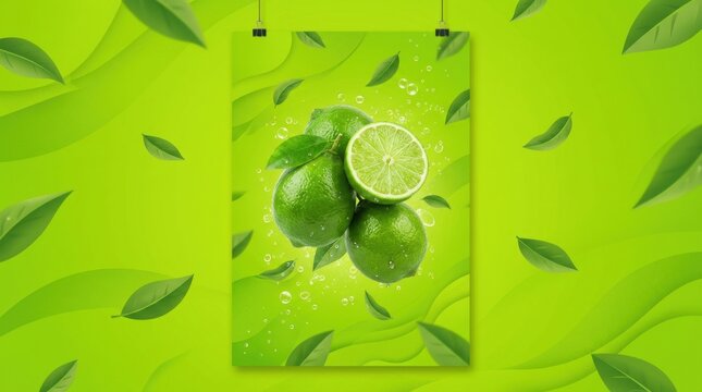 Refreshing Lime and Mint Leaves on Green Wave Background