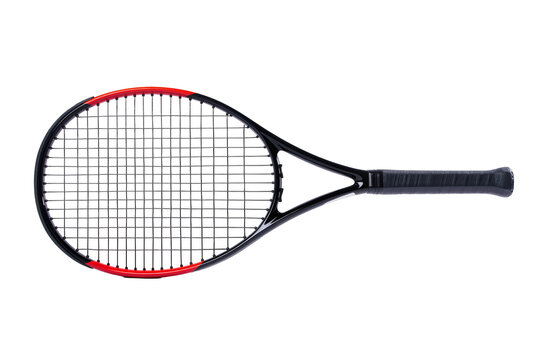 Isolated black and red modern professional tennis racket for court sports and athletic training