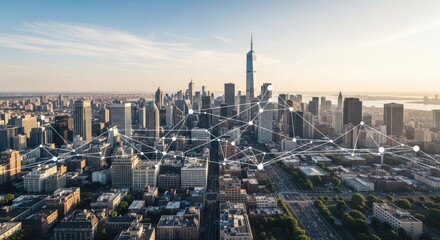 Obraz premium Modern Cityscape with Digital Network Connections Overlay