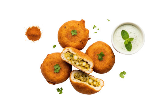 Crispy aloo bonda potato fritters with mint chutney and spices, isolated on transparent background