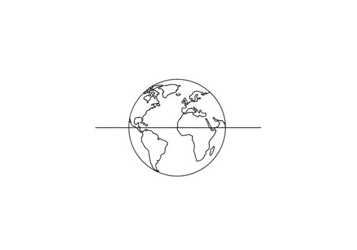 One line drawing of the planet earth with horizontal equator line with world map